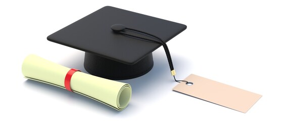 College studies cost. Graduate cap with blank tag and diploma isolated on white, 3d illustration