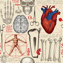 Colored Seamless Pattern With Hand-drawn Human Skull, Bones, Organs, Surgical Instruments And Handwritten Text Lorem Ipsum On An Old Paper. Vintage Vector Background With Anatomy And Medical Sketches