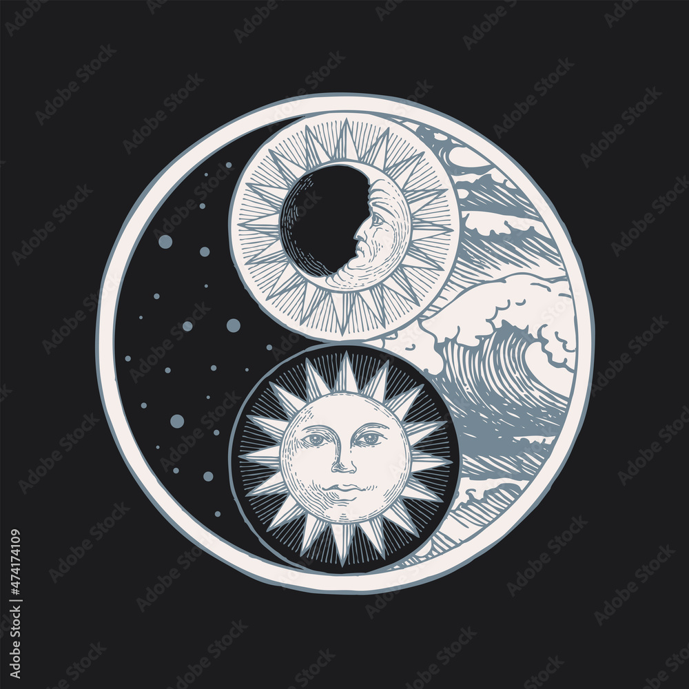 Vector yin yang symbol with sun, moon, stars and sea waves on black ...