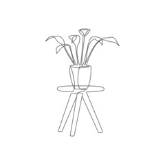 Poster - One continuous line drawing of potted flower on the table. Linear thin houseplant for home interior decorations of trendy loft style contour silhouette. Doodle Vector illustration