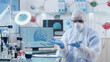 © DC Studio - Neurologist scientist researcher doctor analyzing brain infographics during neuroscience experiment in microbiology hospital laboratory. Space for augmented reality hologram. Medicine concept
