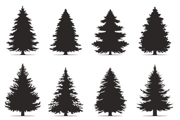 Vintage trees and forest silhouettes set in monochrome style. Set. Silhouette of pine trees.