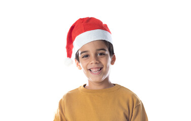 Poster - Portrait of a little child in red santa hat on white background