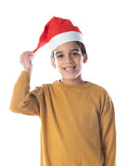 Poster - Portrait of a little child in red santa hat on white background