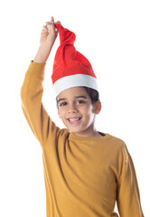 Poster - Portrait of a little child in red santa hat on white background