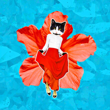 Minimal Contemporary Collage Creative Art.  Passion Kitty Flamenco Dancer. Trendy Retro Style. Party Concept