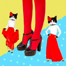 Minimal Contemporary Collage Art.  Passion Kitty And Vintage Legs. Flamenco Dancer. Trendy Retro Style. Party Concept