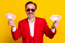 Portrait Of Smiling Casino Player Gambler Hold Cards Winning Jackpot Prize Lucky Isolated On Yellow Color Background