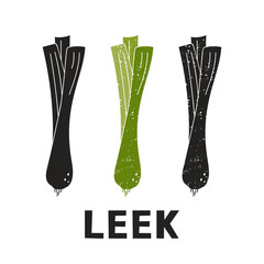 Fototapete - Leek, silhouette icons set with lettering. Imitation of stamp, print with scuffs. Simple black shape and color vector illustration. Hand drawn isolated elements on white background