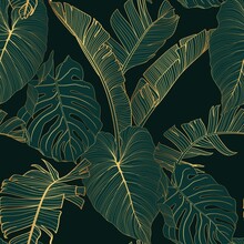 Luxury Gold And Nature Green Background. Floral Pattern, Many Kind Of Golden Plant, Tropical Leaves And Flowers, Line Arts, Green Illustration.