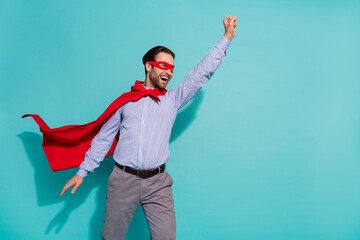 Sticker - Profile photo of crazy carefree funny superhero guy wear cape mask purple shirt isolated teal color background