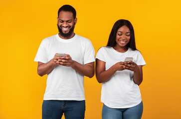 Wall Mural - Black couple using smartphones, standing at studio