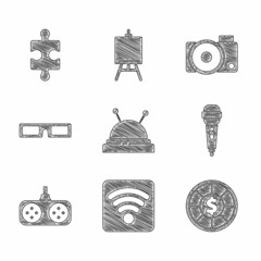 Sticker - Set Needle bed and needles, Wi-Fi wireless internet network, Casino chips, Microphone, Gamepad, Cinema glasses, Photo camera and Piece of puzzle icon. Vector