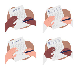 Poster - Singing contract flat color vector illustration set. Doing paperwork. Signature on license sheet. Writing on official legal documents 2D cartoon first view hand with abstract background collection