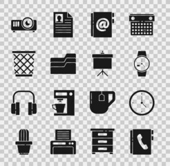 Sticker - Set Address book, Clock, Wrist watch, Document folder, Trash can, Movie, film, media projector and Chalkboard with diagram icon. Vector