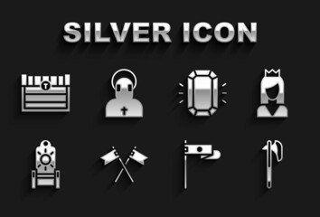 Sticker - Set Crossed medieval flag, Princess, Medieval axe, throne, Diamond, Antique treasure chest and Monk icon. Vector