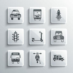 Sticker - Set Scooter, Minibus, Car, Bus, Traffic light, Police car and flasher and Rocket ship with fire icon. Vector