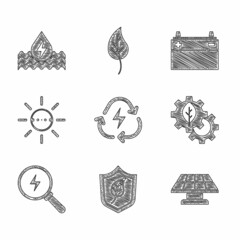 Poster - Set Battery with recycle, Shield leaf, Solar energy panel, Leaf plant in gear machine, Lightning bolt, Car battery and Water icon. Vector