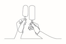 Continuous Line Drawing Of Two Hands Hold And Cheers Fresh Ice Cream Stick. Single One Line Art Of Hand Holding Delicious Sweet And Juicy Cool Ice Cream Cafe Meal Menu. Vector Illustration
