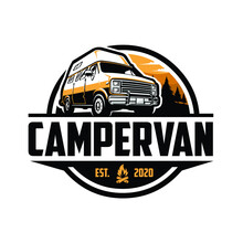 Classic Campervan RV Motorhome Caravan Emblem Logo. Best For Camperevan And RV Rental Related Business.