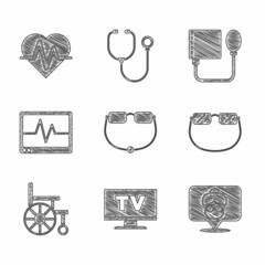 Sticker - Set Eyeglasses, Smart Tv, Nursing home, Wheelchair, Monitor with cardiogram, Blood pressure and Heart rate icon. Vector