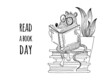 Drawing of a cute rat with glasses sitting on a stack of books and reading. Read a book day.