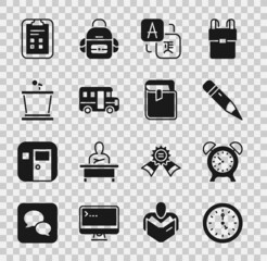 Wall Mural - Set Clock, Alarm clock, Pencil with eraser, Translator, School Bus, Stage stand, Exam sheet check mark and Book icon. Vector