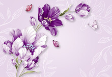 Purple Flowers With Butterfly And Flora Design Wallpaper 3d