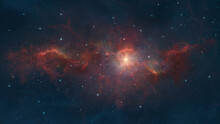 Space Background. Colorful Red And Blue Nebula With Star Field And Sun. Digital Painting