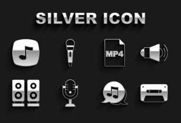 Sticker - Set Microphone, Megaphone, Retro audio cassette tape, Music note, tone, Stereo speaker, MP4 file document, and icon. Vector