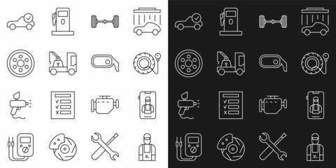 Sticker - Set line Car mechanic, Online car services, Tire pressure gauge, Chassis, Tow truck, Alloy wheel, Auto check automotive and rearview mirror icon. Vector