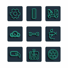 Sticker - Set line Car rearview mirror, Gear shifter, Alloy wheel, Tow truck, Wrench spanner, Speedometer, and Paint spray gun icon. Vector