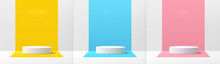 Set Of White Realistic 3d Cylinder Pedestal Podium With Yellow, Blue And Pink On Perspective Rectangle Background. Abstract Vector Rendering For Product Display Presentation. Pastel Minimal Scene.