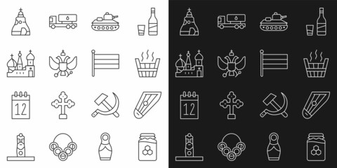 Canvas Print - Set line Jar of honey, Kankles, Sauna bucket, Military tank, National emblem Russia, Saint Basil's Cathedral, The Tsar bell and flag icon. Vector