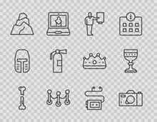 Set Line Human Broken Bone, Photo Camera, Museum Guide, Rope Barrier, Rock Stones, Fire Extinguisher, Audio And Medieval Goblet Icon. Vector