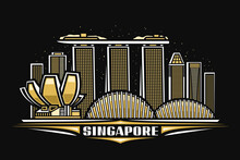 Vector Illustration Of Singapore, Dark Horizontal Poster With Linear Design Singapore City Scape On Dusk Sky Background, Asian Urban Line Art Concept With Decorative Lettering For White Word Singapore