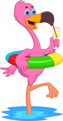 Wall Mural - cartoon cute flamingo drinking and with inflatable swimming ring