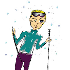 Wall Mural - Ski Girl - Winks, Ski Goggles, Funny drawing, cartoon
