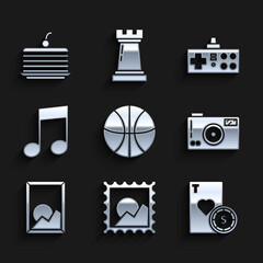 Wall Mural - Set Basketball ball, Picture landscape, Casino chip playing cards, Photo camera, Music note, tone, Gamepad and Cake icon. Vector