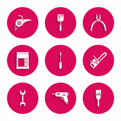 Sticker - Set Screwdriver, Electric hot glue gun, Paint brush, Chainsaw, Wrench spanner, Cement bag, Pliers tool and Leaf garden blower icon. Vector