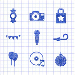 Sticker - Set Microphone, Vinyl disk, Disco ball, Birthday party horn, Balloons with ribbon, Carnival garland flags, Paper shopping bag and Candy icon. Vector