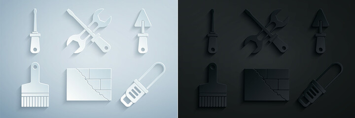 Canvas Print - Set Bricks, Trowel, Paint brush, Chainsaw, Screwdriver and wrench and icon. Vector