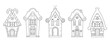 Set of gingerbread houses in line art style. Vector illustration for coloring book