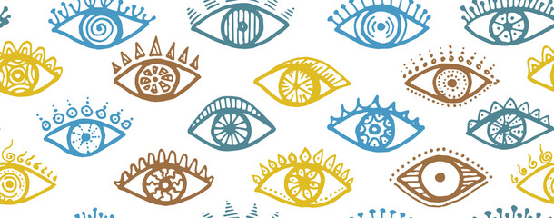 Wall Mural - Hand drawn human eyes tribal endless pattern.