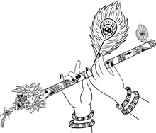 Indian God Lord Krishna Hands Playing Flute, The Indian Traditional Music Instrument Peacock Feather Vector Illustration Black And White Line Drawing. Indian Wedding Clip Art.