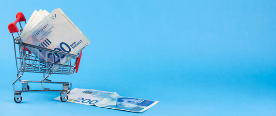 Banner. Israel money shekel banknotes in shopping cart on blue background. Exchange Rates and buy sell currency concept.