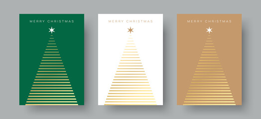 Wall Mural - set of merry christmas card designs with simple geometric christmas tree illustration. modern linear