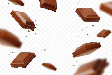 Realistic falling chocolate pieces isolated on transparent background. Levitating defocusing milk chocolate chunks. Applicable for packaging background, advertising, etc. Vector illustration.