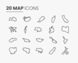 Simple outline icon set of maps. Contains icons such as marker, place marker, globe earth, GPS signal, near me, map, world map, and more. Editable vector icon illustration.
