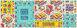 Templates with nostalgia computer and user interface with copy space. Web leaderboard, banners, covers with frame for text or slogan, backgrounds, seamless patterns. Retro desktop pc elements.